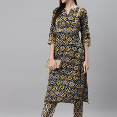 Indibelle Cotton Black Floral Print Straight Kurta