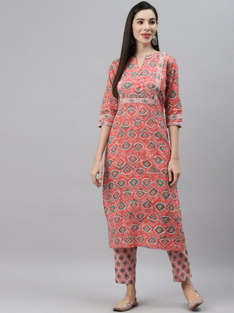 Indibelle Cotton Key Hole Floral Print Straight Kurta (Peach)