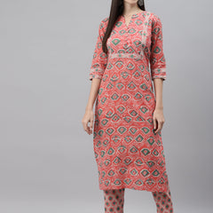 Indibelle Cotton Key Hole Floral Print Straight Kurta (Peach)