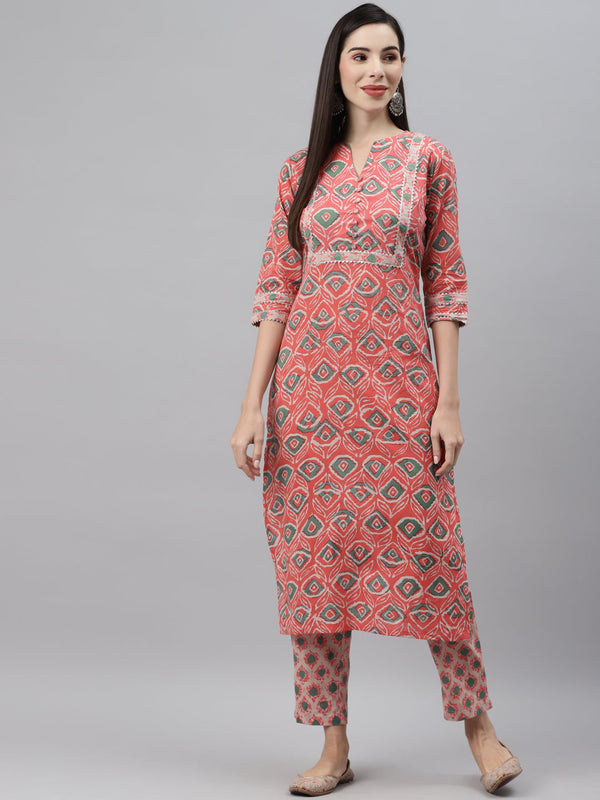 Indibelle Cotton Key Hole Floral Print Straight Kurta (Peach)