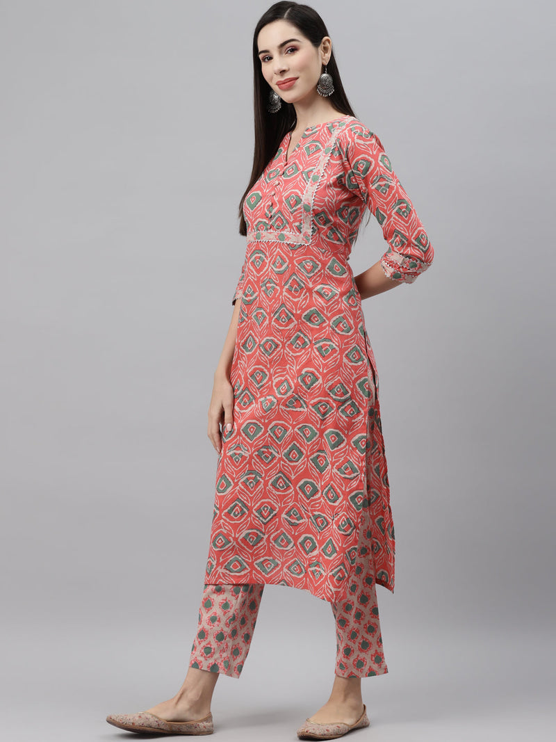 Indibelle Cotton Key Hole Floral Print Straight Kurta (Peach)