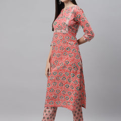 Indibelle Cotton Key Hole Floral Print Straight Kurta (Peach)