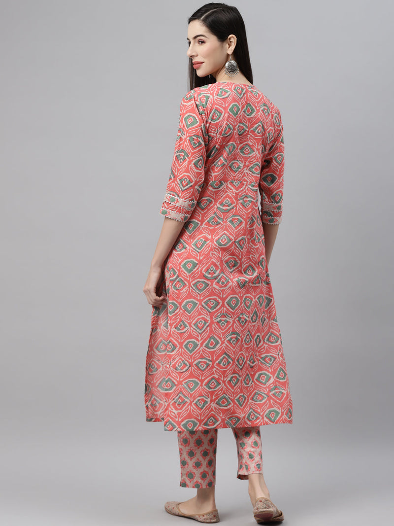 Indibelle Cotton Key Hole Floral Print Straight Kurta (Peach)