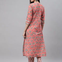 Indibelle Cotton Key Hole Floral Print Straight Kurta (Peach)