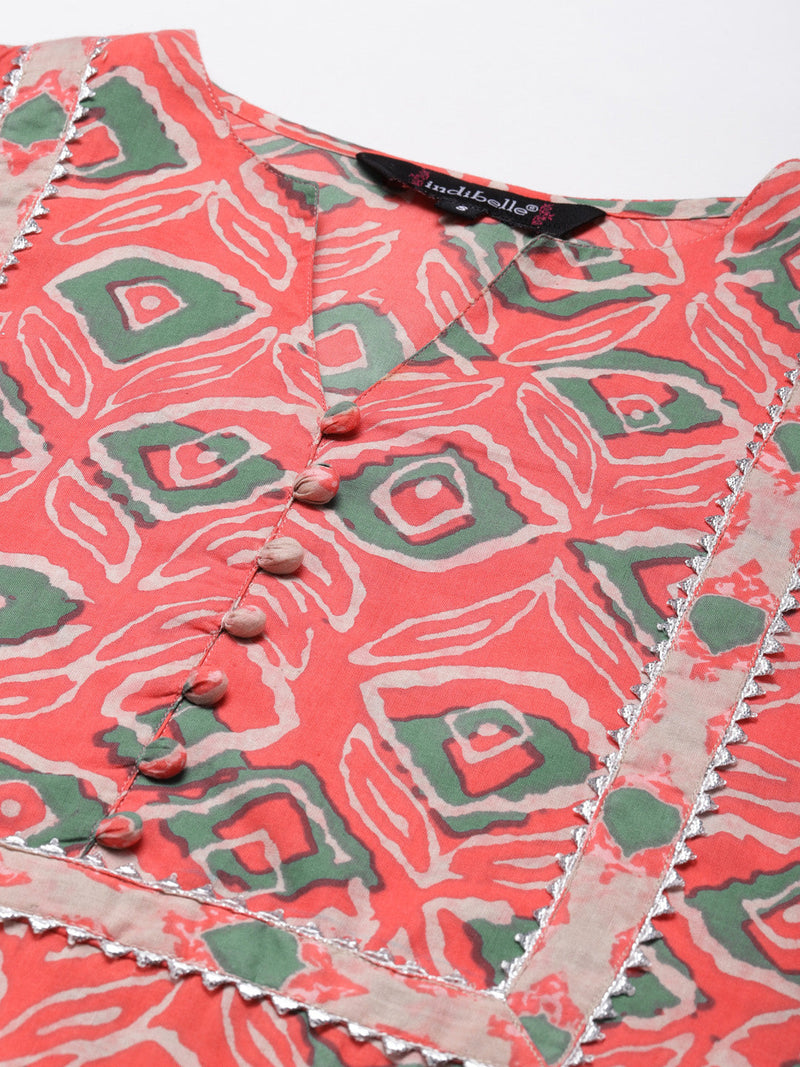 Indibelle Cotton Key Hole Floral Print Straight Kurta (Peach)