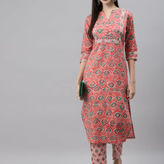 Indibelle Cotton Key Hole Floral Print Straight Kurta (Peach)