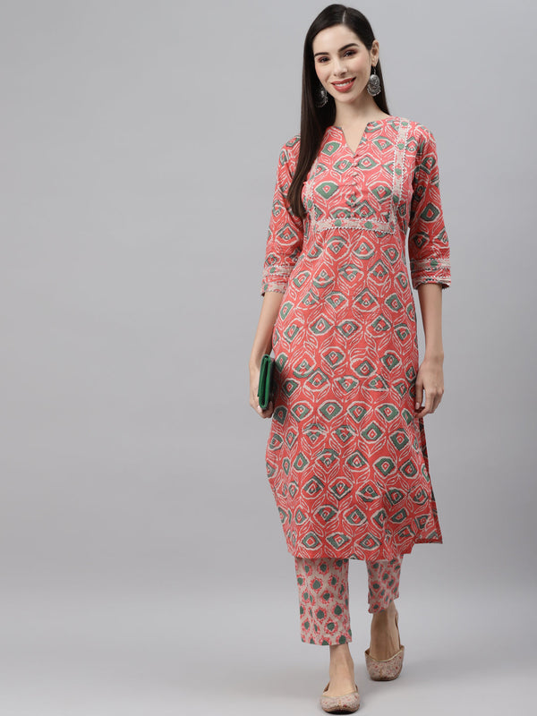 Indibelle Cotton Key Hole Floral Print Straight Kurta (Peach)