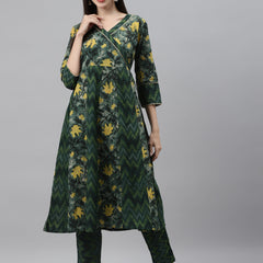 Indibelle Cotton Green Floral Print Angrakha Style Kurta