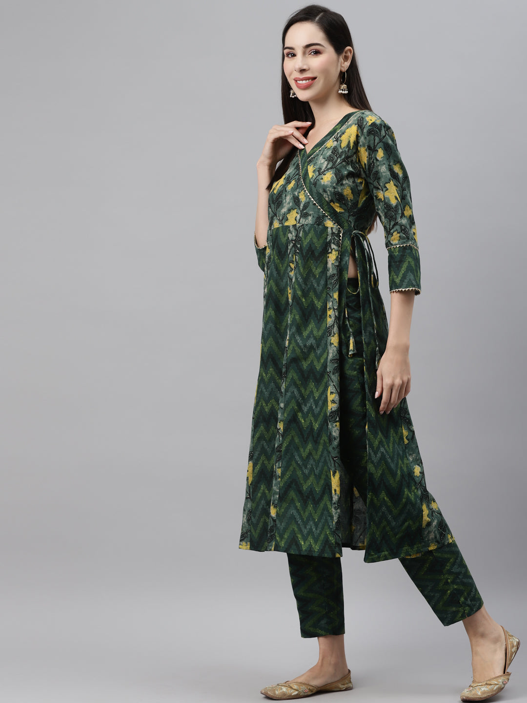 Indibelle Cotton Green Floral Print Angrakha Style Kurta set