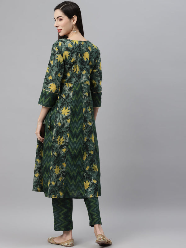 Indibelle Cotton Green Floral Print Angrakha Style Kurta set