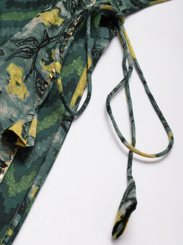Indibelle Cotton Green Floral Print Angrakha Style Kurta