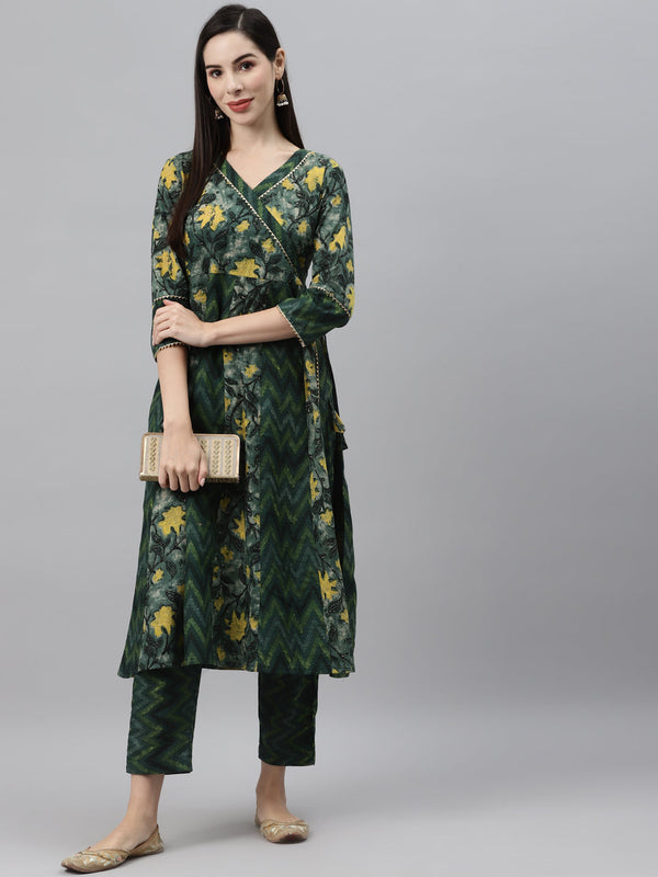 Indibelle Cotton Green Floral Print Angrakha Style Kurta