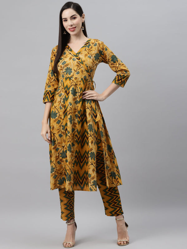 Indibelle Cotton Mustard Floral Print Angrakha Style Kurta