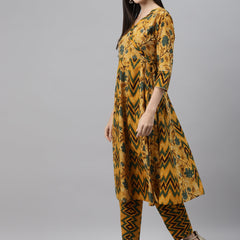 Indibelle Cotton Mustard Floral Print Angrakha Style Kurta set