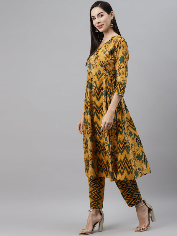 Indibelle Cotton Mustard Floral Print Angrakha Style Kurta