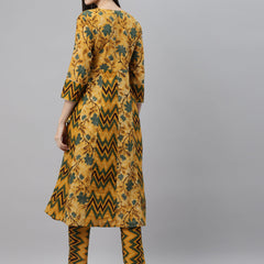 Indibelle Cotton Mustard Floral Print Angrakha Style Kurta set