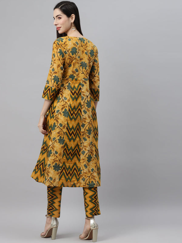 Indibelle Cotton Mustard Floral Print Angrakha Style Kurta set