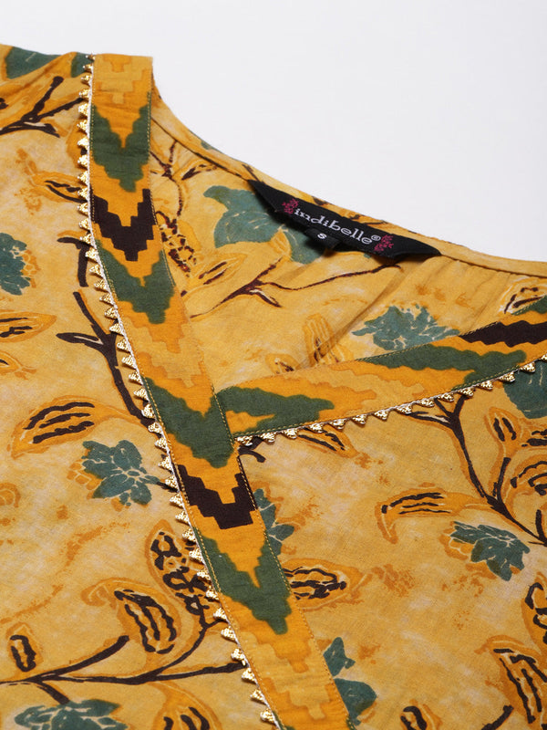 Indibelle Cotton Mustard Floral Print Angrakha Style Kurta