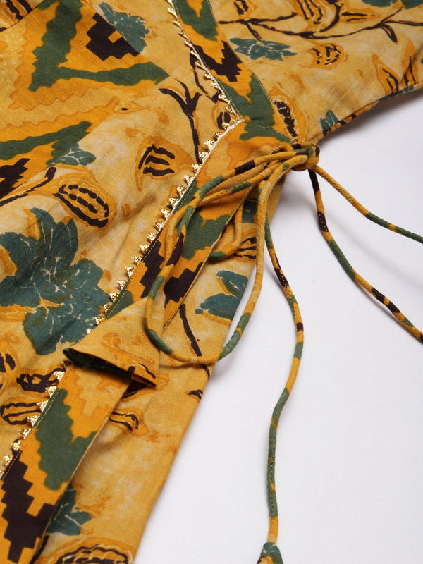 Indibelle Cotton Mustard Floral Print Angrakha Style Kurta