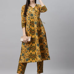 Indibelle Cotton Mustard Floral Print Angrakha Style Kurta set