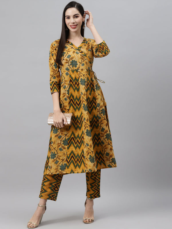 Indibelle Cotton Mustard Floral Print Angrakha Style Kurta set