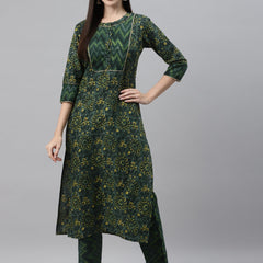 Indibelle Cotton Flat Collar Floral Print Straight Kurta (Green)
