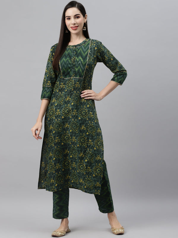 Indibelle Cotton Flat Collar Floral Print Straight Kurta (Green)