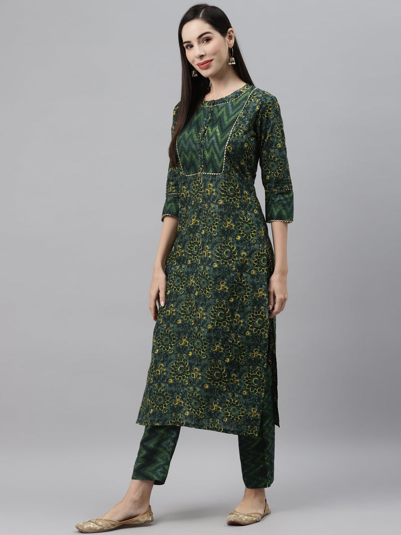 Indibelle Cotton Flat Collar Floral Print Straight Kurta (Green)