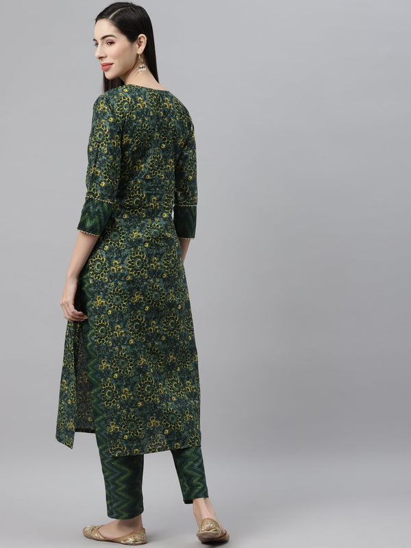 Indibelle Cotton Flat Collar Floral Print Straight Kurta (Green)