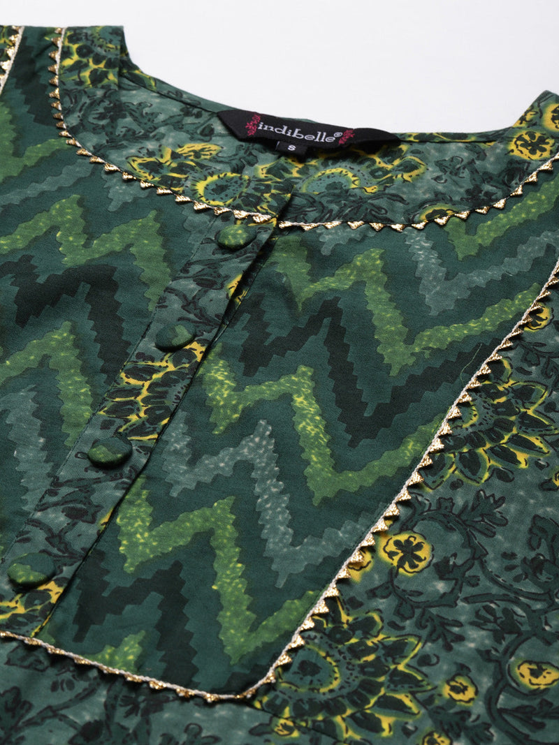 Indibelle Cotton Flat Collar Floral Print Straight Kurta (Green)