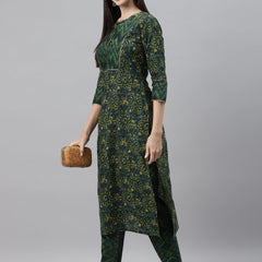 Indibelle Cotton Flat Collar Floral Print Straight Kurta (Green)