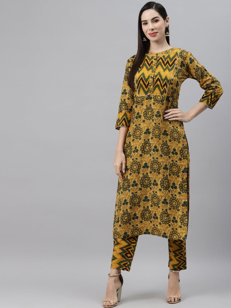 Indibelle Cotton Mustard Floral Print Straight Kurta