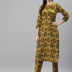 Indibelle Cotton Mustard Floral Print Straight Kurta