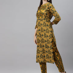 Indibelle Cotton Mustard Floral Print Straight Kurta