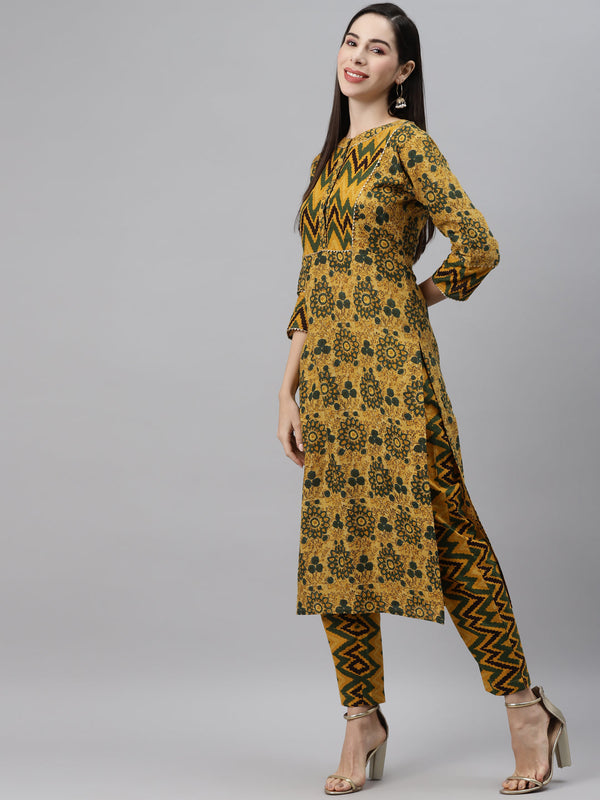 Indibelle Cotton Mustard Floral Print Straight Kurta
