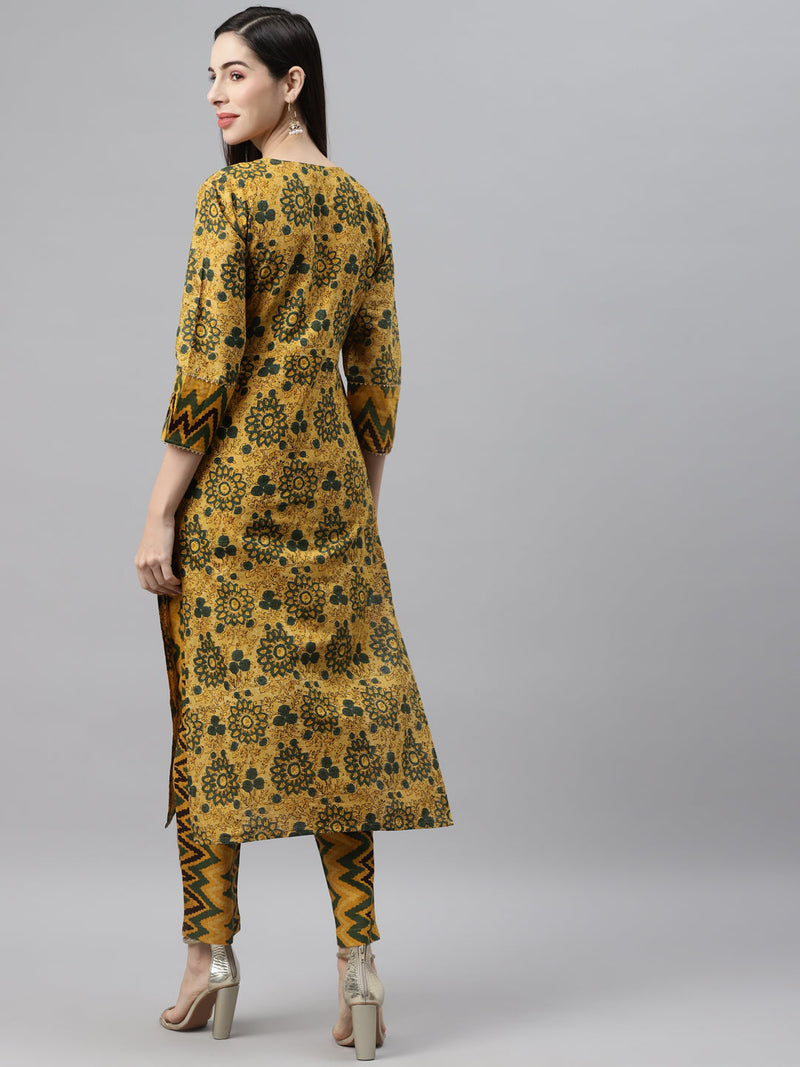 Indibelle Cotton Mustard Floral Print Straight Kurta