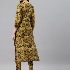 Indibelle Cotton Mustard Floral Print Straight Kurta