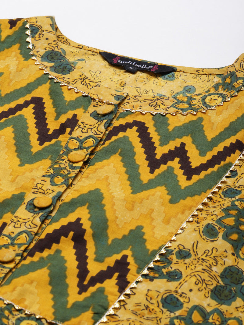 Indibelle Cotton Mustard Floral Print Straight Kurta