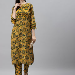 Indibelle Cotton Mustard Floral Print Straight Kurta