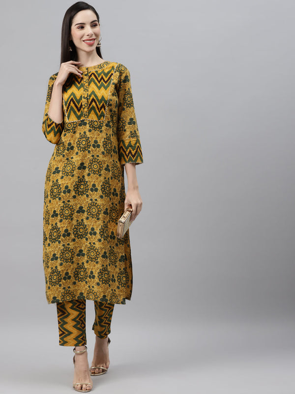 Indibelle Cotton Mustard Floral Print Straight Kurta