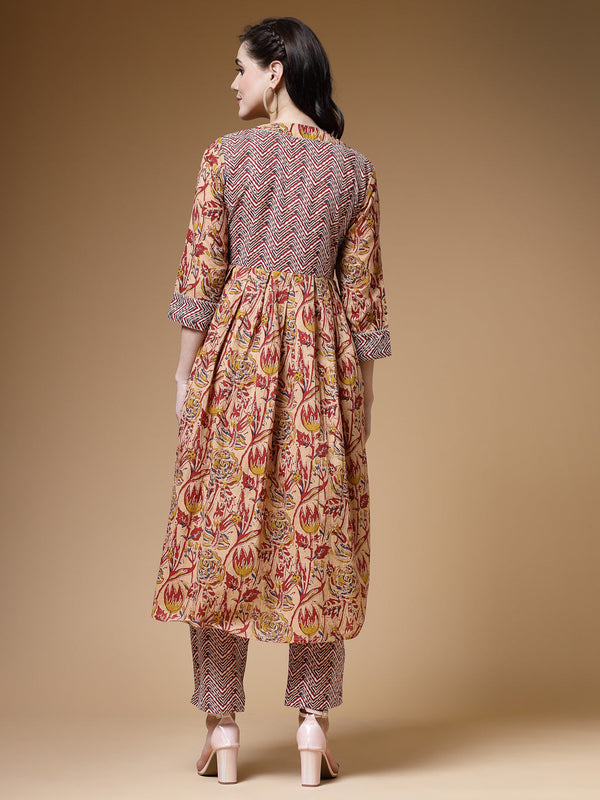 Indibelle Maroon Floral Print Cotton Pleated Kurta Set