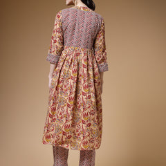 Indibelle Floral Print Cotton Pleated Kurta (Maroon)