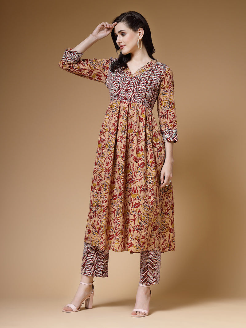 Indibelle Floral Print Cotton Pleated Kurta (Maroon)