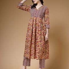 Indibelle Floral Print Cotton Pleated Kurta (Maroon)