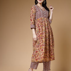 Indibelle Floral Print Cotton Pleated Kurta (Maroon)