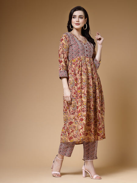 Indibelle Floral Print Cotton Pleated Kurta (Maroon)