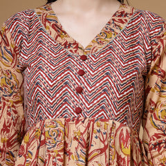 Indibelle Floral Print Cotton Pleated Kurta (Maroon)