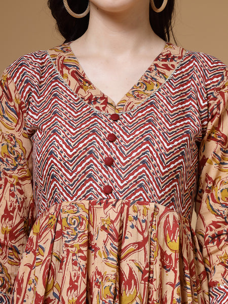 Indibelle Floral Print Cotton Pleated Kurta (Maroon)