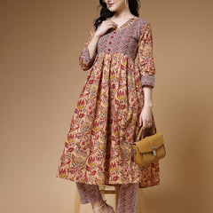 Indibelle Floral Print Cotton Pleated Kurta (Maroon)