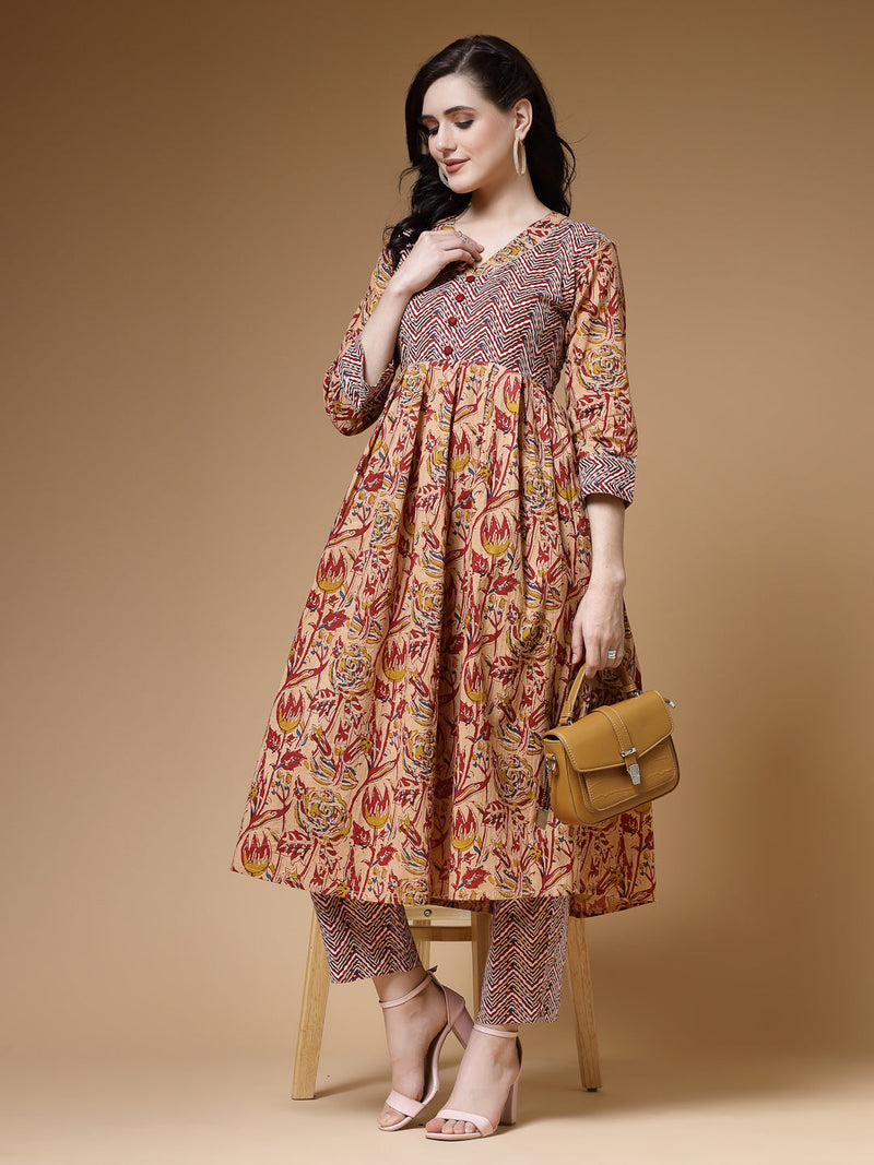 Indibelle Maroon Floral Print Cotton Pleated Kurta Set
